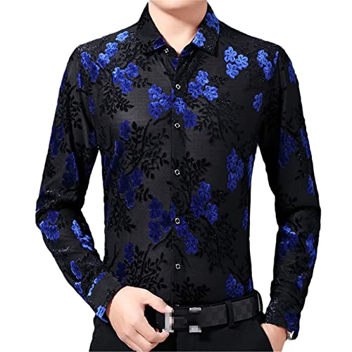 Männer Luxus blau Blumen Samt Kleid Hemden Slim Fit Spitze Shirt Männer Sexy Party Ereignis Soziales Hemd Blue L von Abigprofit