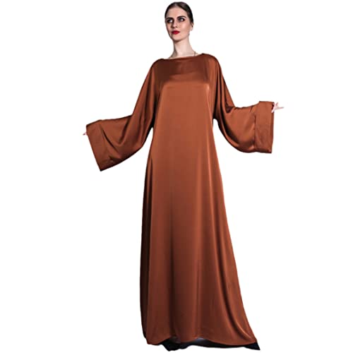 Ramadan Muslimische Frauen Einfarbig Langes Kleid Satin Luxus Gürtel Lose Kaftan Abaya 07 Brown 2XL von Abigprofit