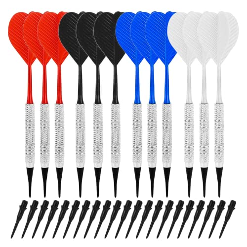 Acboor Dartpfeile mit kunststoffspitze, 12 Stück Dartpfeile Soft Darts Pfeile Set mit 100 Kunststoff Dartspitzen für Junge Leute und Alte Leute Innenaktivitäten Rot, Blau, Weiß, Schwarz von Acboor