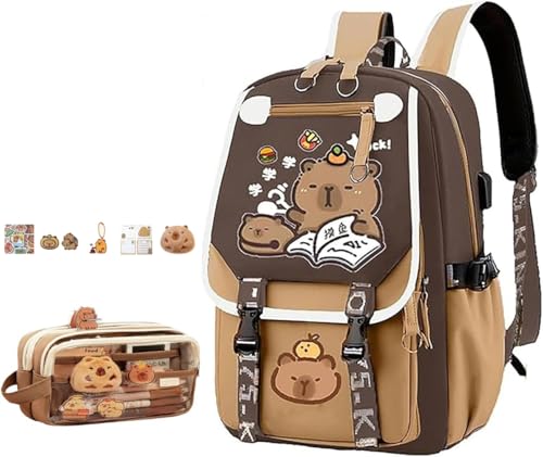 Accrue Capybara Backpack School Bookbag,Kawaii Backpack for School,Cute Capybara Nylon Rucksack with Capybara Pencil Case, Back to School Bag for Kids Teenage (C) von Accrue