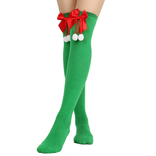 Accrue Gestreifte Halterlose Strümpfe,Overknee Strümpfe mit Schleife,Gestreifte Overknee-Socken Damen,Weihnachtliche Gestreifte Oberschenkelhohe Socken (B-Green) von Accrue