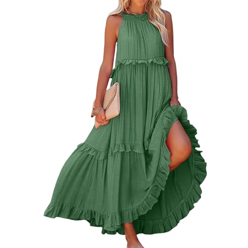 Accrue Maxikleid Neckholder Damen,Sommer Boho Neckholder Langes Maxikleid ärmelloses Rüschensaumkleid,Mehrlagiges Plisseekleid mit Taschen (Medium,Green) von Accrue