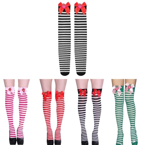 Christmas Striped Thigh High Socks,Womens Stripe Thigh Highs with Strawberry Pink Ribbon Accents,Festival Tights Long Stocking,Over Knee Socks with Bows (A-Black) von Accrue