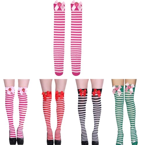 Christmas Striped Thigh High Socks,Womens Stripe Thigh Highs with Strawberry Pink Ribbon Accents,Festival Tights Long Stocking,Over Knee Socks with Bows (A-Pink) von Accrue