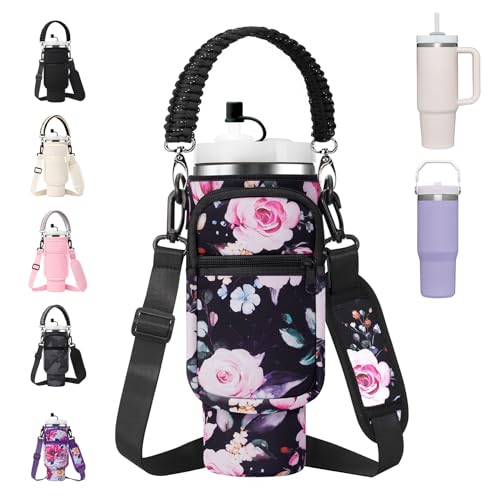 AceTreker Tragetasche für Wasserflaschen mit Gurt für Stanley Trinkbecher, isoliert, mit 2 Taschen, Paracord-Griff und Strohhalmkappe für Stanley-Becher-Zubehör, schwarze Blume AceTreker Tragetasche für Wasserflaschen mit Gurt für Stanley Trinkbecher, isoliert, mit 2 Taschen, Paracord-Griff und Strohhalmkappe für Stanley-Becher-Zubehör, schwarze Blume von AceTreker