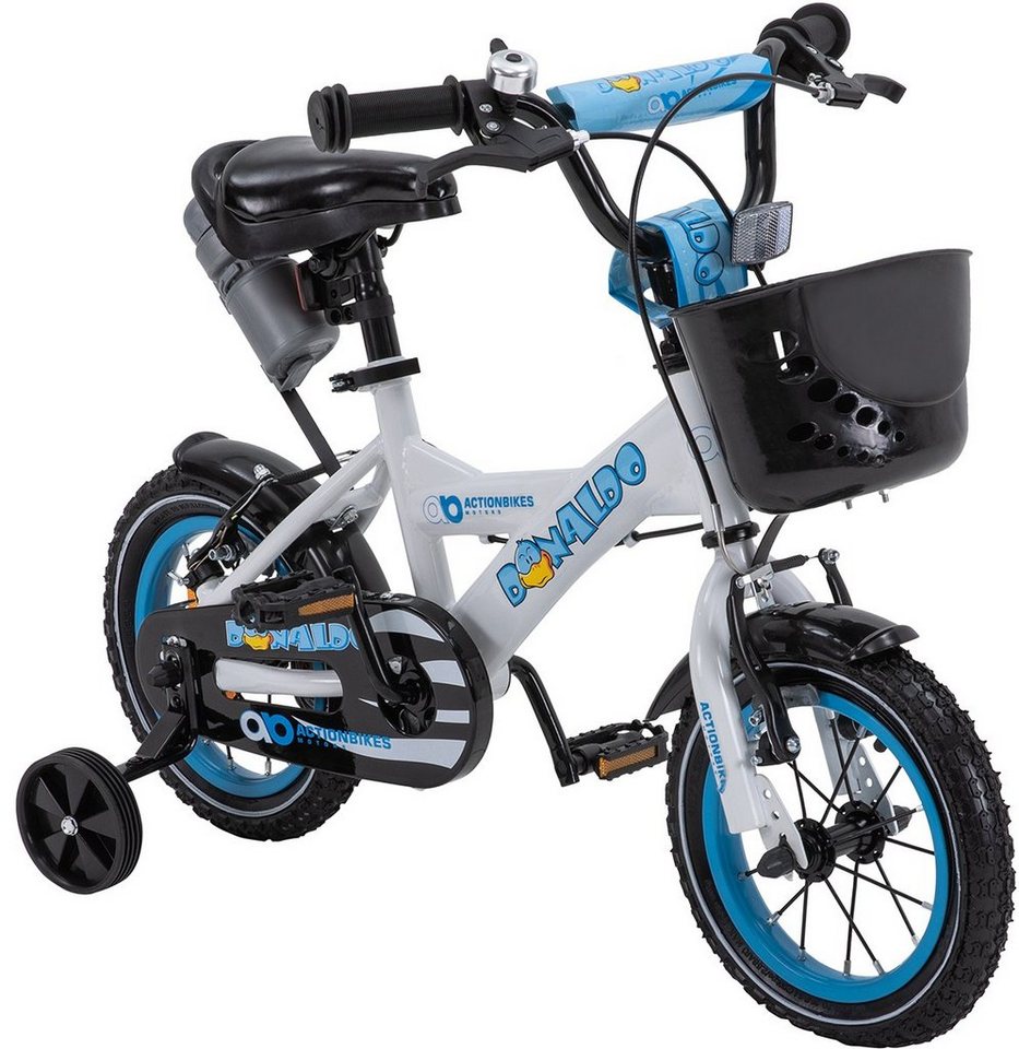 Actionbikes Motors Kinderfahrrad Kinder Fahrrad BMX Donaldo inkl. Korb - weiß / blau, 1 Gang, ohne Schaltung, (12 Zoll, ab 95 cm Körpergröße, max. Zuladung 35 kg, abnehmbare Stützräder, Klingel, Trinkflasche inkl. Halterung, Reflektoren, Antirutschgriffe, Lenkerschutz, 1-tlg., V-Brake-Bremsen, Luftbereifung, Schutzbleche, weiß / blau), höhenverstellbares Bike Jungen Mädchen Rad Kinderrad ab 2 Jahre von Actionbikes Motors