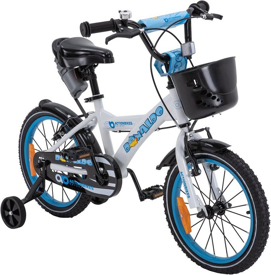 Actionbikes Motors Kinderfahrrad Kinder Fahrrad BMX Donaldo inkl. Korb - weiß / blau, 1 Gang, ohne Schaltung, (16 Zoll, ab 105 cm Körpergröße, max. Zuladung 40 kg, abnehmbare Stützräder, Klingel, Trinkflasche inkl. Halterung, Reflektoren, Antirutschgriffe, Lenkerschutz, 1-tlg., V-Brake-Bremsen, Luftbereifung, Schutzbleche, weiß / blau), höhenverstellbares Bike Jungen Mädchen Rad Kinderrad ab 4 Jahre von Actionbikes Motors