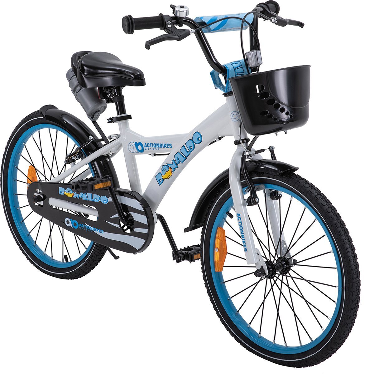 Actionbikes Motors Kinderfahrrad Kinder Fahrrad BMX Donaldo inkl. Korb - weiß / blau, 1 Gang, ohne Schaltung, (Jungenfahrrad, 20 Zoll, ab 115 cm Körpergröße, max. Zuladung 50 kg, Fahrradständer, Klingel, Trinkflasche inkl. Halterung, Reflektoren, Antirutschgriffe, Lenkerschutz, 1-tlg., V-Brake-Bremsen, Luftbereifung, Schutzbleche, weiß / blau), höhenverstellbares Bike Jungen Mädchen Rad Kinderrad ab 6 Jahre von Actionbikes Motors