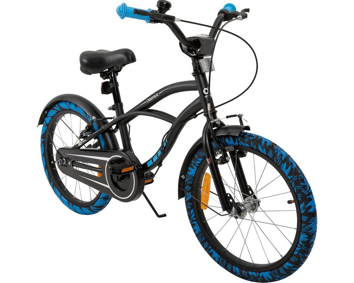 Actionbikes Motors Kinderfahrrad Kinder Fahrrad Cruiser 18 Zoll - ab 5 Jahre, 1 Gang, ohne Schaltung, (Trapez-Rahmen, V-Brake-Bremsen, max. Zuladung 35 kg, schwarz / blau, 1-tlg., Klingel, Kettenschutz, Reflektoren, Katzenaugen, Fahrradständer), höhenverstellbares Bike Jungen Mädchen Kinderrad ab 110 cm von Actionbikes Motors