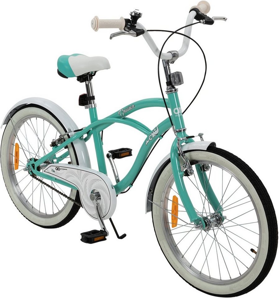 Actionbikes Motors Kinderfahrrad Kinder Fahrrad Cruiser 20 Zoll - ab 6 Jahre, 1 Gang, ohne Schaltung, (Reflektoren, Katzenaugen, Antirutschprofil, Klingel, Kettenschutz, 1-tlg., Trapez-Rahmen, V-Brake-Bremsen, max. Zuladung 40 kg), höhenverstellbares Bike Jungen Mädchen Kinderrad ab 115 cm türkis von Actionbikes Motors