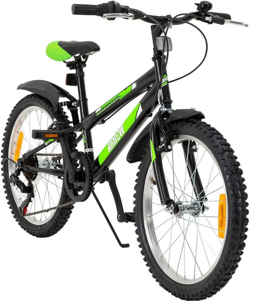 Actionbikes Motors Kinderfahrrad Kinder Fahrrad Dirt Bike BMX Arrow, 6 Gang, Kettenschaltung, (20 Zoll, ab 115 cm Körpergröße, 6 Gänge, Schutzblech, Reflektoren, Katzenaugen, Klingel, Seitenständer, Luftreifen, 1-tlg., V-Brake-Bremsen, Diamantrahmen, 40 kg Traglast, schwarz / grün), höhenverstellbares Bike Jungen Mädchen Kinderrad ab 6 Jahre von Actionbikes Motors