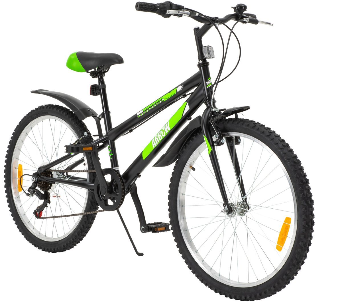 Actionbikes Motors Kinderfahrrad Kinder Fahrrad Dirt Bike BMX Arrow, 6 Gang, Kettenschaltung, (24 Zoll, ab 140 cm Körpergröße, 6 Gänge, Schutzblech, Reflektoren, Katzenaugen, Klingel, Seitenständer, Luftreifen, 1-tlg., V-Brake-Bremsen, Diamantrahmen, max. Zuladung 50 kg, schwarz / grün), höhenverstellbares Bike Jungen Mädchen Kinderrad ab 8 Jahre von Actionbikes Motors