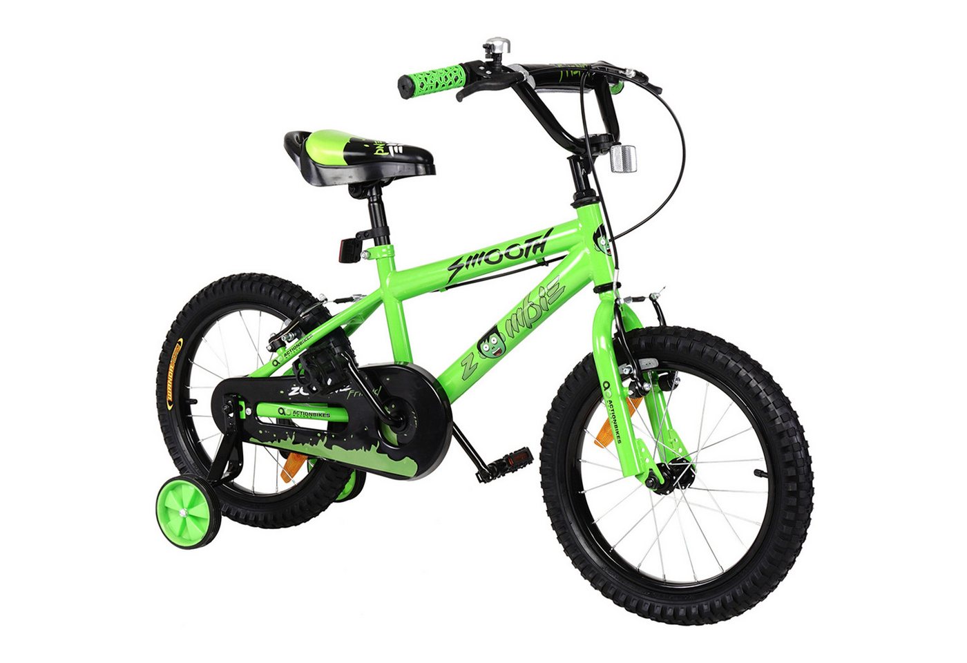 Actionbikes Motors Kinderfahrrad Mädchen & Jungen Kinder Fahrrad Zombie in Grün, 1 Gang, ohne Schaltung, (16 Zoll, ab 105 cm Körpergröße, max. Zuladung 40 kg, Stützräder, Reflektoren, Antirutschgriffe, Kettenschutz, 1-tlg., V-Brake-Bremsen, Luftbereifung, Haltegriff am Sattel), höhenverstellbares Bike Jungen Mädchen Rad Kinderrad ab 4 Jahre von Actionbikes Motors