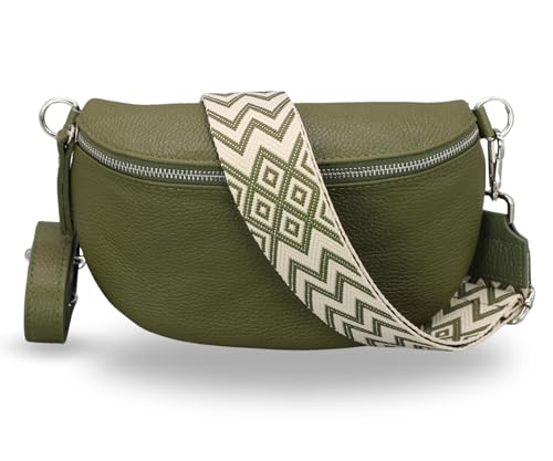 ADEL Bauchtasche Damen Echtes Leder EMMA Handgemachte Umhängetasche Crossbody Bag mit Optionalen Breiten Gemusterten Riemen Stylische Hüfttasche Made in Italy Tasche (Khaki-Silber 2, Medium) von Adel Bags