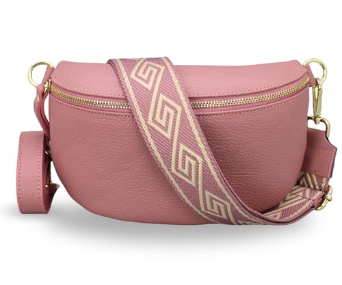 ADEL Bauchtasche Damen Echtes Leder Emma Handgemachte Umhängetasche Crossbody Bag mit Optionalen Breiten Gemusterten Riemen Stylische Hüfttasche Made in Italy Tasche (Altrosa-Gold 3, Small) von Adel Bags