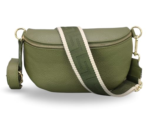 ADEL Bauchtasche Damen Echtes Leder Emma Handgemachte Umhängetasche Crossbody Bag mit Optionalen Breiten Gemusterten Riemen Stylische Hüfttasche Made in Italy Tasche (Khaki-Gold 3, Small) von Adel Bags