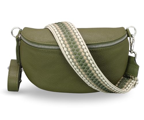 ADEL Bauchtasche Damen Echtes Leder Emma Handgemachte Umhängetasche Crossbody Bag mit Optionalen Breiten Gemusterten Riemen Stylische Hüfttasche Made in Italy Tasche (Khaki-Silber 4, Small) von Adel Bags