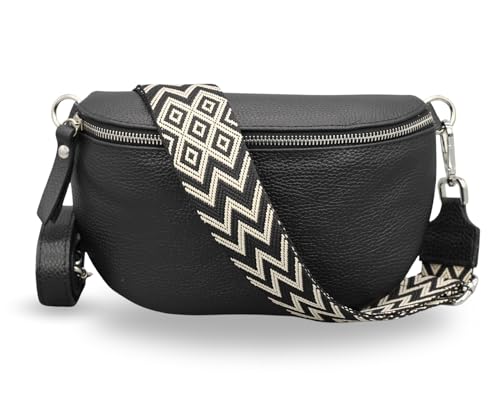 ADEL Bauchtasche Damen Echtes Leder Emma Handgemachte Umhängetasche Crossbody Bag mit Optionalen Breiten Gemusterten Riemen Stylische Hüfttasche Made in Italy Tasche (Schwarz-Silber 3, Small) von Adel Bags