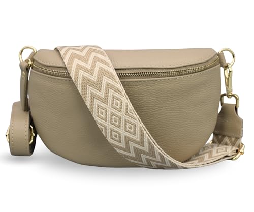 ADEL Bauchtasche Damen Echtes Leder Emma Handgemachte Umhängetasche Crossbody Bag mit Optionalen Breiten Gemusterten Riemen Stylische Hüfttasche Made in Italy Tasche (Taupe-Gold 4, Small) von Adel Bags