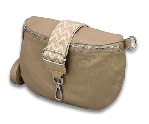 ADEL Bauchtasche Damen Echtleder ADA Handgemachte Umhängetasche Crossbody Bag Hüfttasche mit Ledergürtel + Breiten Gemusterten Riemen 3 Fächer Stylische Schultertasche Made in Italy von Adel Bags