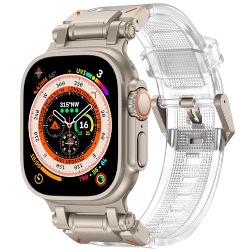 49mm 45mm 44mm 42mm kompatibel mit Apple Watch Silikon Armband, Weiches Sport Armband mit Metallverbindungsband für iWatch Ultra 2/Ultra Series 9 8 7 6 5 4 3 2 1 SE,Titanium Adapter-Clear von AdirMi