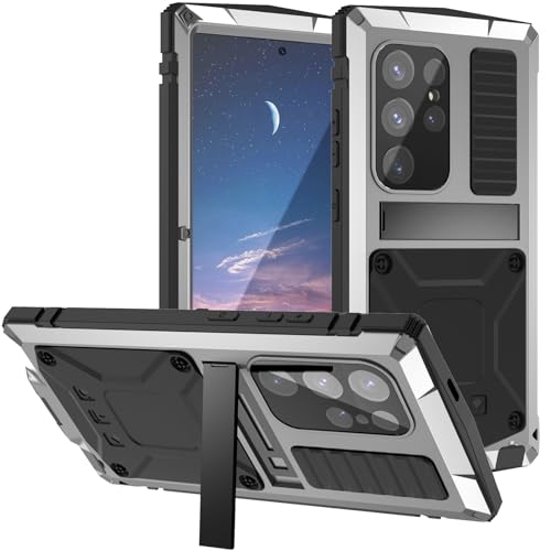 AdirMi Hülle für Samsung Galaxy S24 Ultra/S24 Plus/S24, Robust Metall Bumper Stoßfest Silikon Heavy Duty Handyhülle mit Displayschutz Ständer 360 Grad Outdoor Schutzhülle,Silver,S24 Plus von AdirMi