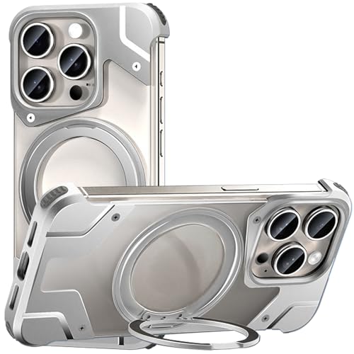 AdirMi Hülle für iPhone 13/13 Pro/13 Pro Max, Rahmen Aus Aluminiumlegierung, PC-Rückseite mit 360° Drehbarem Magnetischem Ständer, Kratzfeste, Stoßfeste Handyhülle,Silver,13 von AdirMi