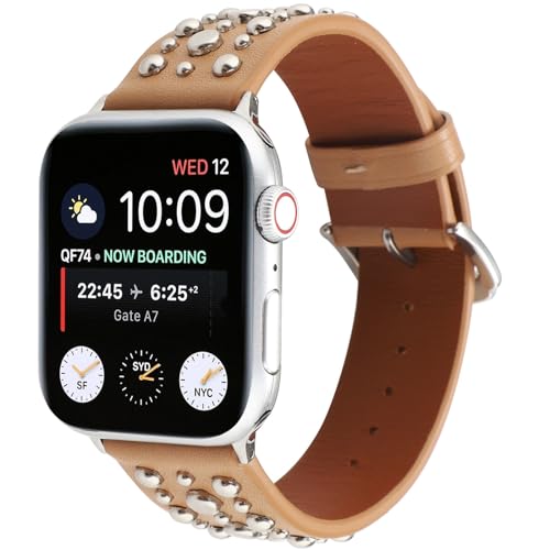 AdirMi Lederarmband im Punk-Stil Kompatibel mit Apple Watch, Glitzerndes Nietenarmband, Ersatzarmband für iWatch Ultra1/2 Serie 9 8 7 6 5 4 3 2 1 SE/SE 2,Brown C,49/45/44/42mm von AdirMi