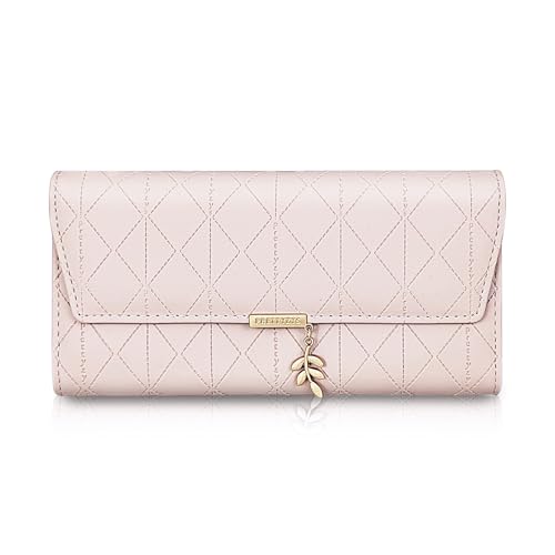 AfitLulu Geldbörse Damen Groß mit Blattwerk-Anhänger Dekoration,Gross PU Leder Portemonnaie Damen, Dreifach Gefaltet Leder Clutch Wallet mit Rautenmuster für 9 Kartenschlitze und Ausweisschlitz (Rosa) von AfitLulu