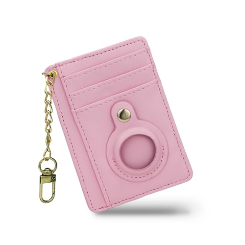 AfitLulu Geldbörse Damen Klein Kartenetui Damen mit AirTag Hülle und Schlüsselanhänger, Slim Wallet PU-Leder Portemonnaie Damen Klein Geldbeutel Damen mit 6 Kartenfächern und 1 ID-Fenster (Rosa) von AfitLulu