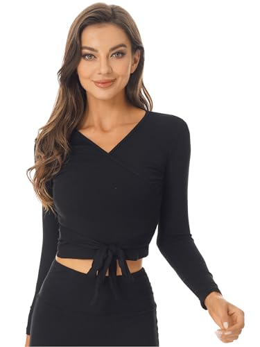 Agoky Damen Wickeljacke Frauen Ballett Langarm-Top zum Wickeln Oberteil für Sport Gymnastik Tanz Ballett Training Schwarz E S Agoky Damen Wickeljacke Frauen Ballett Langarm-Top zum Wickeln Oberteil für Sport Gymnastik Tanz Ballett Training Schwarz E S von Agoky