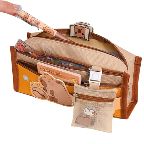 Aibyks Capybara-Bleistiftbeutel, Capybara-Bleistiftbox,Mehrschichtiges Capybara-Druck-Skurriles, lustiges, süßes Federmäppchen - Canvas Open Wide Pen Pouch Capybara Multi Pocket für Briefpapier von Aibyks