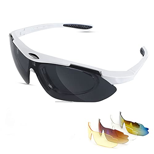 Aigoode Polarisierte Radsportbrillen mit 5 Wechselgläser, UV400 Schutz Fahrradbrille für Herren und Damen, Baseball Laufen Angeln Golf Fahren Sonnenbrille-Weiß von Aigoode