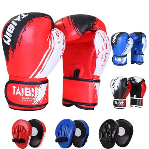 6 oz Kinder Boxhandschuhe und Box Pratzen Set für 3-10 Jahre,Kids Boxing Gloves,Box Handschuhe Kinder Set,2-in-1 Boxhandschuhe Kinder,Punchinghandschuhe für Jungen und Mädchen (Rot) von Aikelai