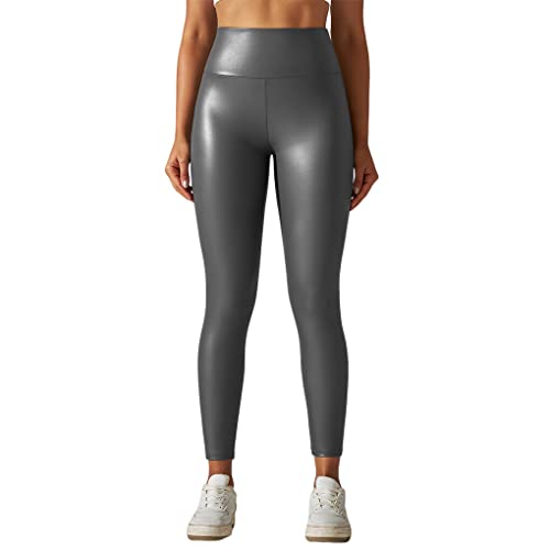 Ailan Frauen Leder Leggings mit hoher Taille, Yogahose, dünn, Push Up, einfarbig, Freizeit, modische Strumpfhose für Partys, Grau, L von Ailan