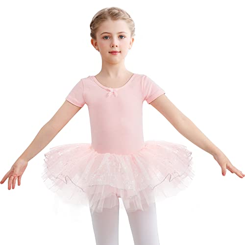 Aiseyi Tütü Mädchen Ballettkleid Kurzarm Balettkleider Baumwolle Ballettanzug Kinder Ballettrock Rosa Ballerina Kleid mit Rock Tutu von Aiseyi
