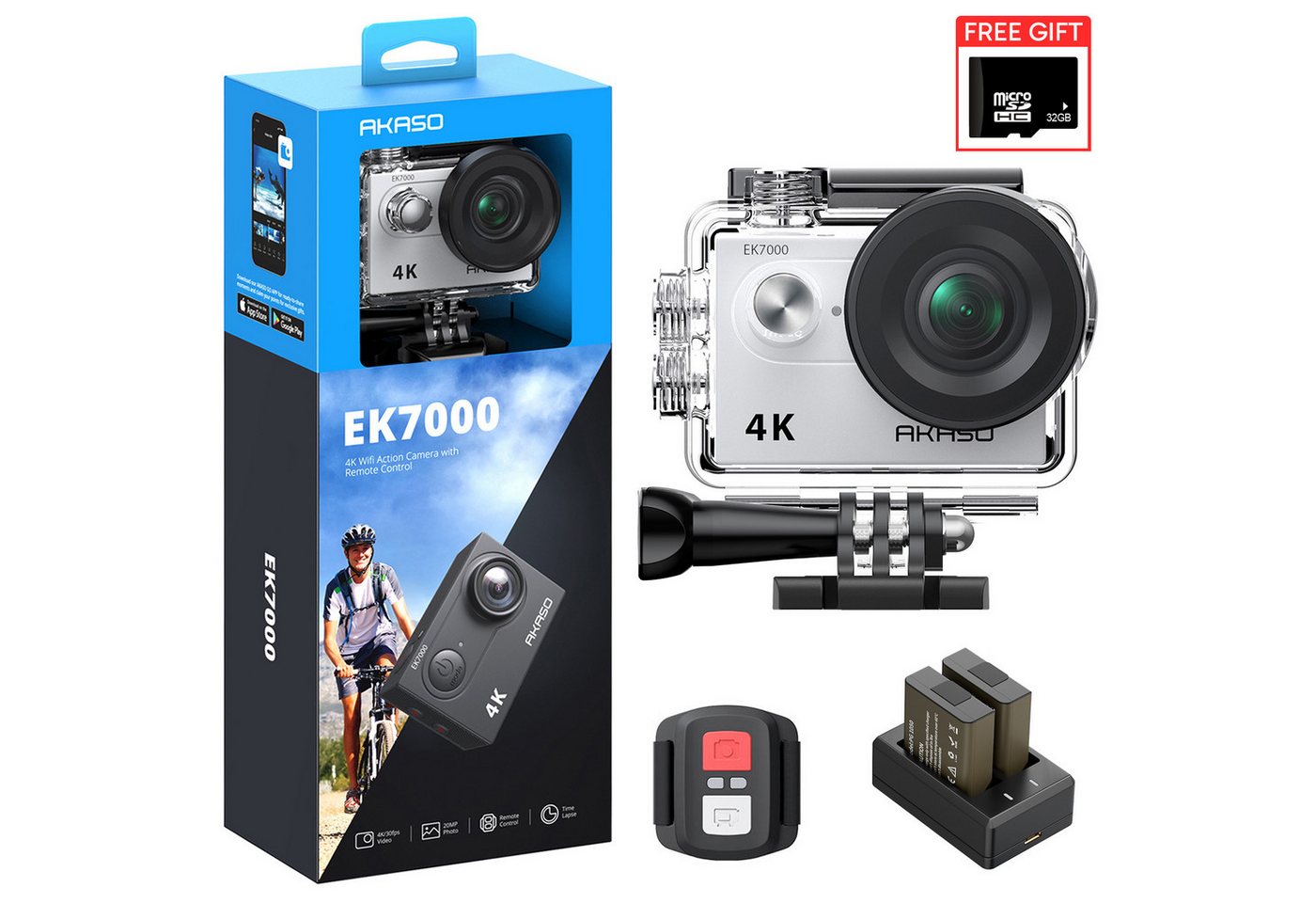 Akaso EK7000 4K30FPS 20MP EIS Ultra HD wasserdicht 170° Weitwinkel 4X Zoom Action Cam (4K30FPS, Wi-Fi) von Akaso