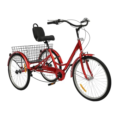 Akuoyiexemye 24 Zoll Dreirad für Erwachsene 7-Gang 3 Rad Fahrrad mit Einkaufskorb, Höhenverstellbar Cityräder Tragfähigkeit 120kg (Rot) von Akuoyiexemye