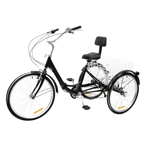 Akuoyiexemye 24 Zoll Faltbares Dreirad für Erwachsene Cruise Bike aus Kohlenstoffreichem Stahl mit Korb, 3 Rad Fahrrad Cityräder 7-Gang Tragfähigkeit 95kg von Akuoyiexemye