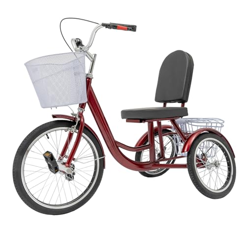 Akuoyiexemye Dreirad für Erwachsene (Vorder 20"-Hinter 16") Cruise Bike Anti-Rollover mit Einkaufskorb, 3 Rad Fahrrad Höhenverstellbar Cityräder Tragfähigkeit 150kg für Personen von 1,5-1,85M (Rot) von Akuoyiexemye