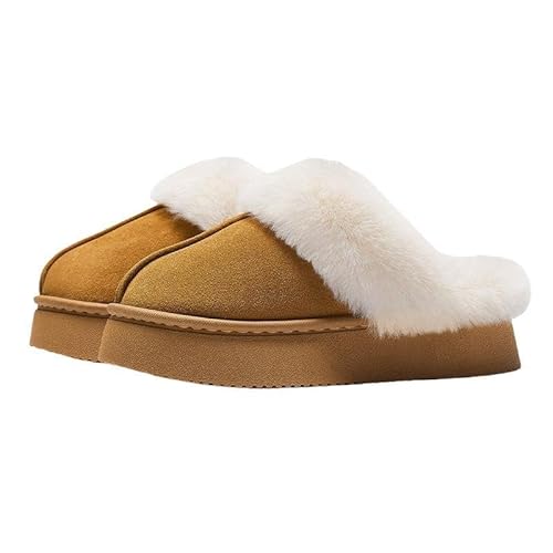 AlHECE Hausschuhe Damen Mann Winter Indoor Solid Color Wildleder Pelz Hausschuhe Damen Home Plattform Warme Uggs Slip-On Damen Schuhe-Braun-35-36 von AlHECE