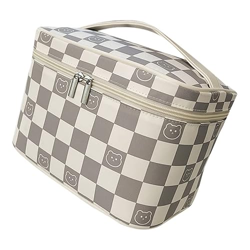 Aladeno Reise-Make-up-Tasche, wasserdichter Make-up-Taschen-Organizer, tragbare Kosmetiktasche, Kulturbeutel, Make-up-Pinsel-Organizer für Reisen und Zuhause (Grey White Check) von Aladeno