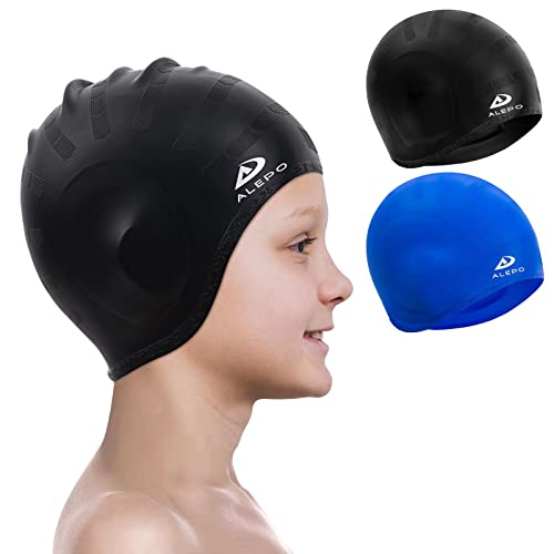 Alepo 2 Pack Badekappe Kinder Mädchen Jungen, Bademütze Langlebige Silikon Badekappe mit 3D-Ohrenschutz für Kleinkinder, schwimmkappe Lange Haare im Alter von 3–15 Jahren, Nasenclip-Schwarz Blau Alepo 2 Pack Badekappe Kinder Mädchen Jungen, Bademütze Langlebige Silikon Badekappe mit 3D-Ohrenschutz für Kleinkinder, schwimmkappe Lange Haare im Alter von 3–15 Jahren, Nasenclip-Schwarz Blau von Alepo
