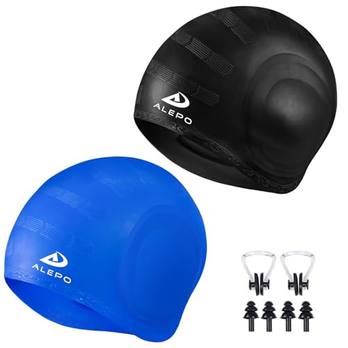 Alepo 2 Pack Unisex Badekappen Damen Herren mit 3D-Ohrenschutz, Schwimmkappe Langlebige Flexible Silikon Bademütze Kinder Erwachsene für kurzes/langes Haar mit Ohrstöpseln Nasenclip(Schwarz&Blau) Alepo 2 Pack Unisex Badekappen Damen Herren mit 3D-Ohrenschutz, Schwimmkappe Langlebige Flexible Silikon Bademütze Kinder Erwachsene für kurzes/langes Haar mit Ohrstöpseln Nasenclip(Schwarz&Blau) von Alepo