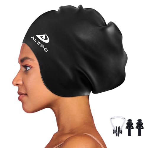Alepo Extra Large Badekappe Damen Herren, Schwimmkappe Lange Haare Langlebige Silikon mit Ohrschutz, Unisex-Erwachsene Badehaube Bademütze für Dreadlocks Haarverlängerungen Afro Haarwebart(Schwarz) Alepo Extra Large Badekappe Damen Herren, Schwimmkappe Lange Haare Langlebige Silikon mit Ohrschutz, Unisex-Erwachsene Badehaube Bademütze für Dreadlocks Haarverlängerungen Afro Haarwebart(Schwarz) von Alepo