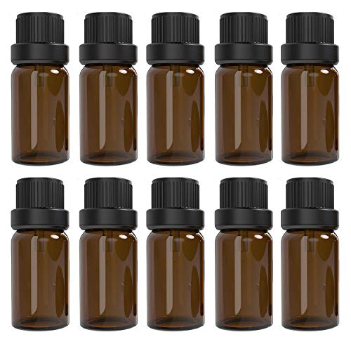 Alledomain 10 Stück, 10 ml ätherische Öle Bernstein Glasflaschen mit schwarzer Kappe und 1 Tropfer und 12 Etiketten Mini Leere Bernsteinflasche Nachfüllbarer Probenbehälter für Massageöle von Alledomain