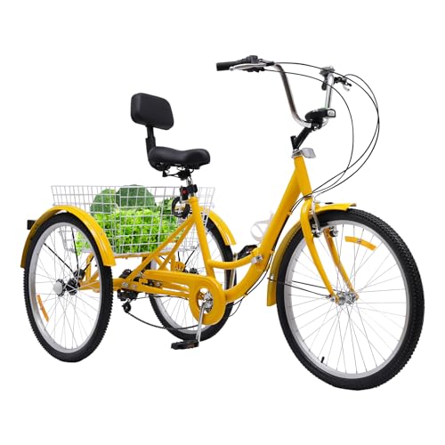 Dreirad für Erwachsene 24 Zoll Klappbar, 3 Räder Adult Fahrrad 7 Gang Mit LED Licht Gemüsekorb，für ältere Menschen,Einkaufen Korb verbreitern (Gelb) von Alnemy