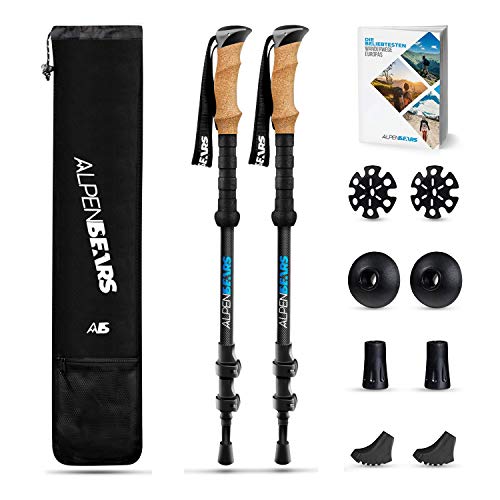 Alpen Bears Wanderstöcke Carbon - Extra leicht & mit Echt Kork Griff - Teleskop Wanderstock mit Gummipuffer Set - Besonders Langlebig - Trekkingstöcke perfekt als Nordic Walking Stöcke Damen Herren von Alpen Bears