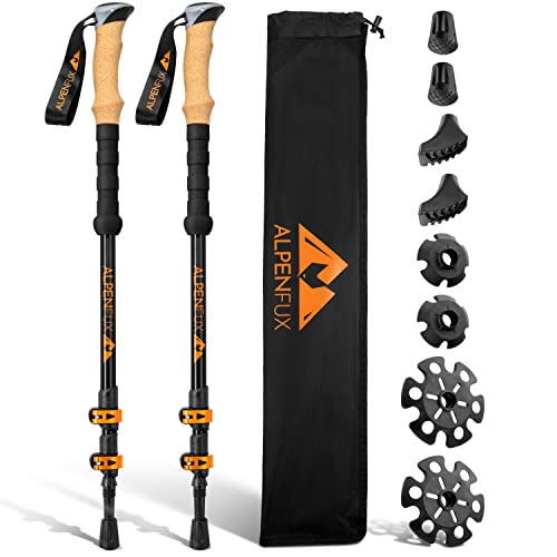 ALPENFUX® Premium Wanderstöcke Teleskop, Trekkingstöcke, Nordic Walking Stöcke, leicht und verstellbar mit Korkgriff für Damen und Herren, schwarz, orange von Alpenfux