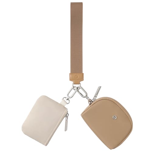 Doppeltaschen-Armband – Braun & Khaki Nylon Schlüsselanhänger Geldbörse Mini Reißverschluss Handgelenk Geldbörse mit abnehmbarem Riemen, Mini-Münzgeldbörse für Damen, Braun, Armband mit zwei Beuteln von Alphantino